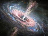 Uma ilustração mostrando um buraco negro e um quasar.