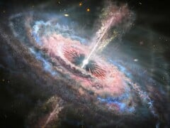 Uma ilustração mostrando um buraco negro e um quasar.