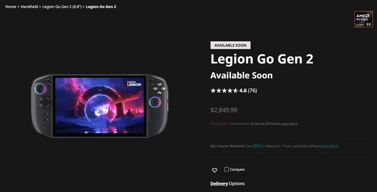 Legion Ir 2 listagem no site da Lenovo. 