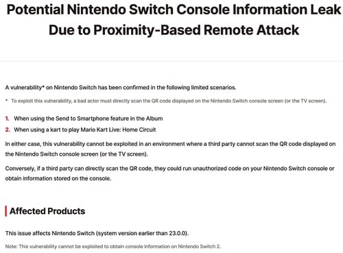 Aviso sobre vulnerabilidade no código QR do Nintendo Switch