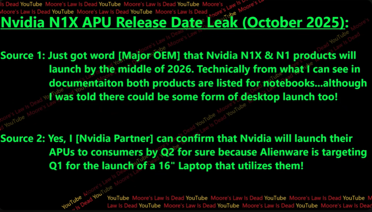 Rumores sobre a data de lançamento do Nvidia N1X. (Fonte da imagem: Moore's Law Is Dead no YouTube)