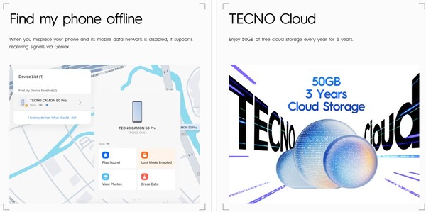 A série Camon 50 tem um recurso Find My Phone off-line e armazenamento em nuvem gratuito por três anos.