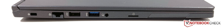 Esquerda: Kensington lock, Ethernet, USB-A 2.0, USB-A 3.2 (Gen. 1), conector para fone de ouvido, leitor de cartões microSD