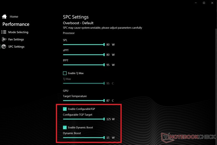 XMG lista os valores TGP e Dynamic Boost em seu aplicativo, mas a NVIDIA removeu o valor de Performance Gráfica mais alta de seus drivers de lançamento. (Fonte da imagem: NotebookCheck)