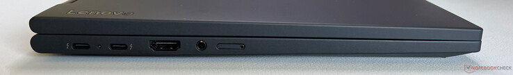 Lado esquerdo: 2x USB-C 4.0 com Thunderbolt 4 (40 Gbps, DisplayPort 2.1, Power Delivery 3.0), HDMI 2.1, áudio de 3,5 mm, slot Nano-SIM