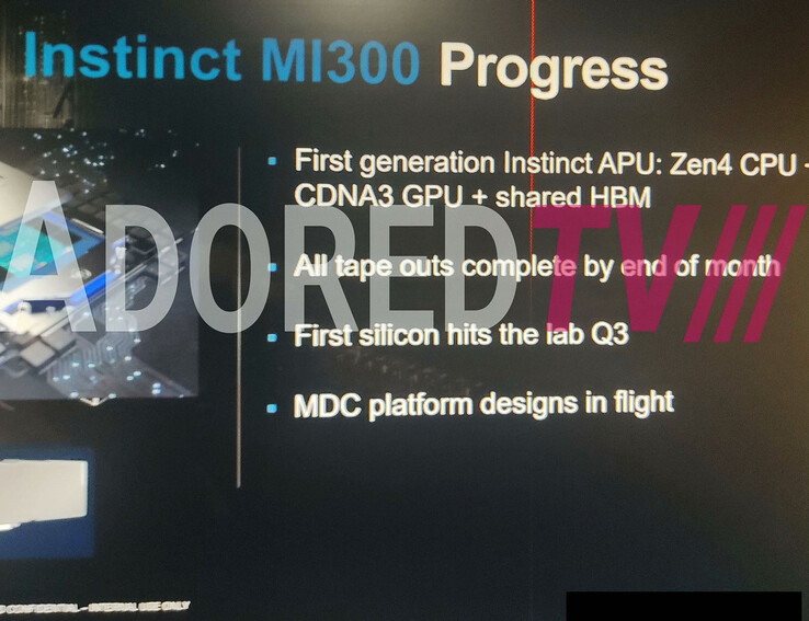 Diapositiva trapelata di AMD MI300. (Fonte: AdoredTV su YouTube)