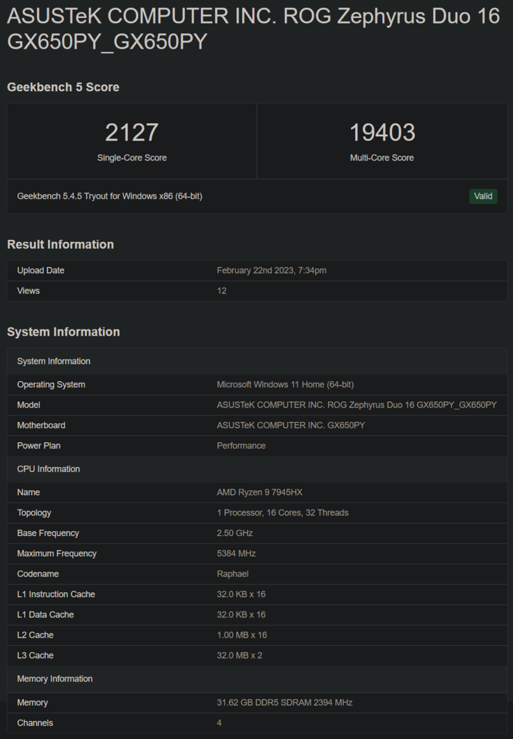 AMD Ryzen 9 7945HX em Geekbench (imagem via Geekbench)