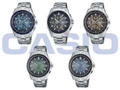 Na linha superior, temos (da esquerda para a direita) o Casio OCW-S7000RA-2AJF, o OCW-T2600RA-8AJF e o OCW-S7000RA-5AJF. Na linha inferior, vemos (da esquerda para a direita) o Casio OCW-S400RA-3AJF e o OCW-S400RA-2AJF. (Fonte da imagem: Casio)