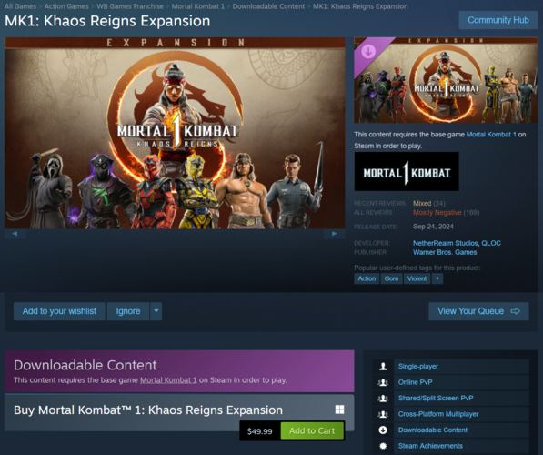 Mortal Kombat 1 Khaos Reigns preço e análises (Fonte da imagem: captura de tela, Steam)