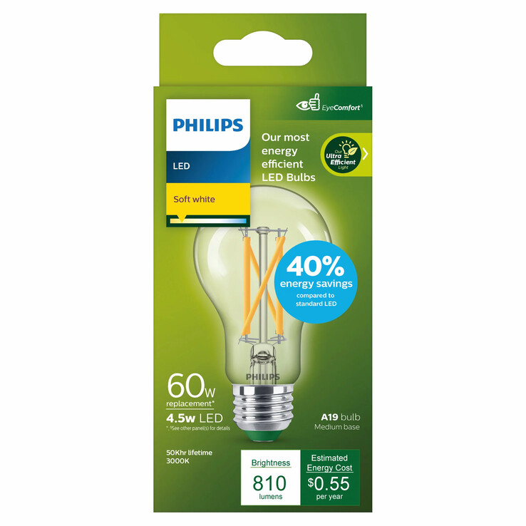 A lâmpada Philips Ultra Efficient LED 60W A19, branco suave (Fonte de imagem: Philips)