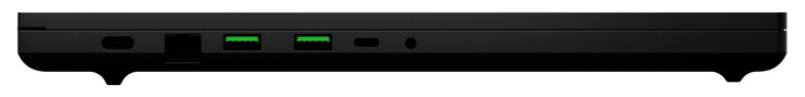 Lado esquerdo: alimentação, Gigabit Ethernet (2,5 Gbit), 2x USB 3.2 Gen 2 (USB-A), Thunderbolt 4 (USB-C; DisplayPort, Power Delivery), combinação de áudio