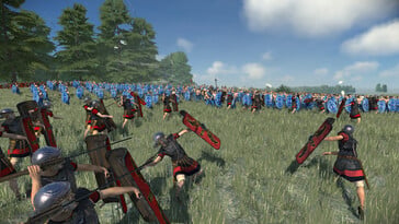 Uma imagem que mostra uma batalha entre os Julios e os britânicos em Total War: Rome Remastered.