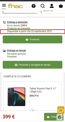 Data de disponibilidade do Xiaomi Pad 5. (Fonte da imagem: Fnac via eSavants)