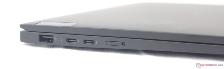 Esquerda: USB-A 3.2 Gen. 1, 2x USB-C com Thunderbolt 4 + DisplayPort + Power Delivery, slot Nano-SIM (opcional)