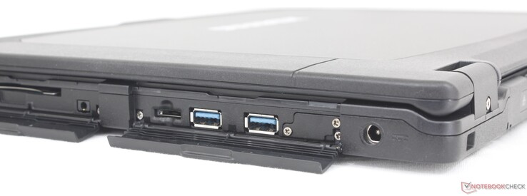 Direito: Leitor de cartão inteligente, fone de ouvido de 3,5 mm, leitor MicroSD, 2x USB-A 3.2 Gen. 2, adaptador CA