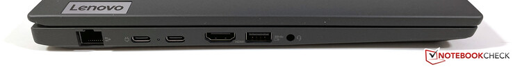 Esquerda: Gigabit Ethernet, 2x USB-C 3.2 Gen.2 (10 GBit/s, modo DisplayPort ALT 1.4, Power Delivery), HDMI 2.0, USB-A 3.2 Gen.1 (5 GBit/s, alimentação), estéreo 3.5 mm