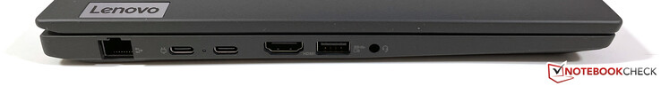 Esquerda: Gigabit Ethernet, 2x USB-C 3.2 Gen.2 (10 GBit/s, modo DisplayPort ALT 1.4, Power Delivery), HDMI 2.0, USB-A 3.2 Gen.1 (5 GBit/s, alimentação), estéreo 3.5 mm