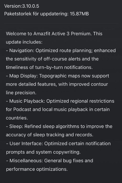 As notas de lançamento da versão 3.10.05 do firmware para o Amazfit Active 3 Premium
