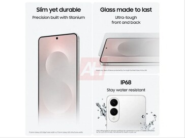 Galaxy Imagem vazada do produto S25 Edge mostrando resistência à água IP68, design de titânio e vidro. (Fonte da imagem: Android Headlines)