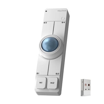 Mouse trackball sem fio Keychron Nape Pro na cor branca, acompanhado de um dongle USB Tipo A