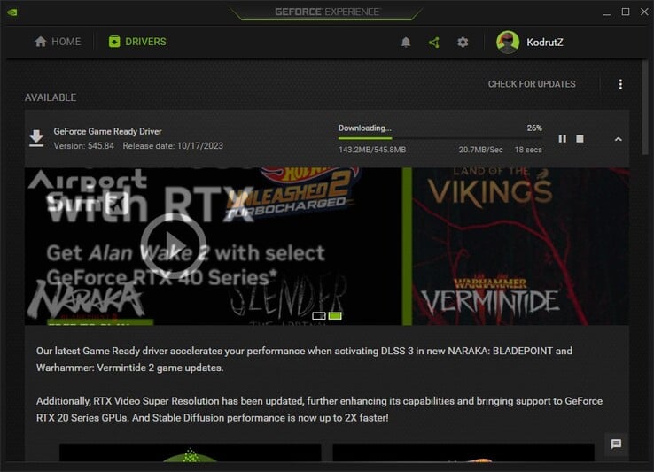 Download do driver Nvidia GeForce Game Ready 545.84 em GeForce Experience (Fonte: Próprio)