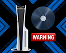 Console PS5 exibido ao lado de um disco e de um adesivo de aviso