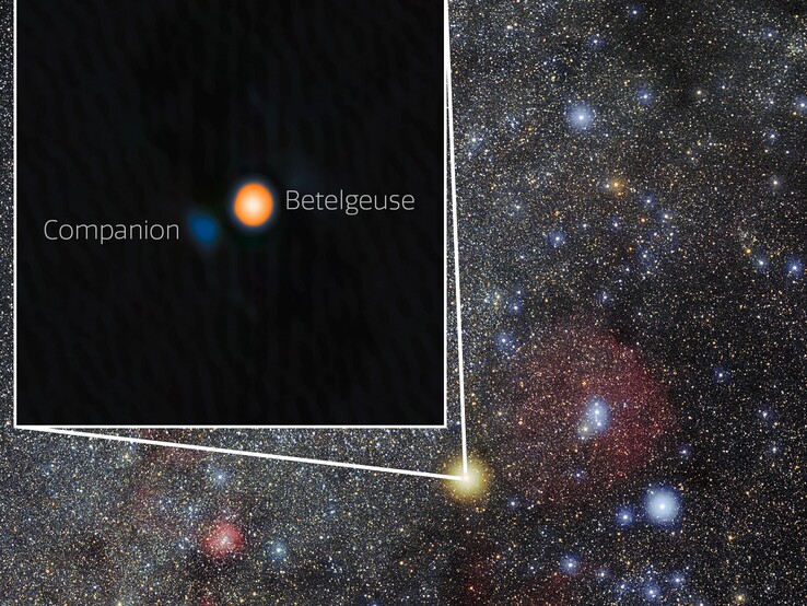 Uma foto da constelação de Órion, mostrando a localização de Betelgeuse e Siwarha (Fonte da imagem: NOIRLab e Eckhard Slawik; cortada)