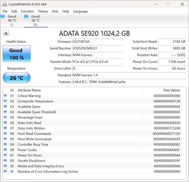 O ADATA SE920 é compatível com PCIe 4.0 x2