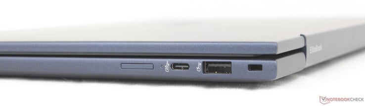 À direita: Slot Nano-SIM (opcional), USB-C 10 Gbps com Power Delivery + DisplayPort 1.4, USB-A 5 Gbps, Trava nobre