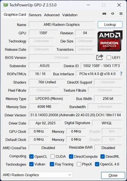 Gráficos AMD Radeon GPU-Z (Radeon 780M)