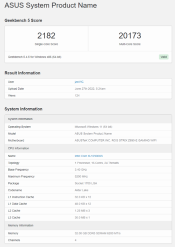 Intel Core i9-12900KS no Geekbench. (Fonte: Geekbench)