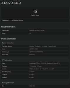 Pontuações da GPU do Snapdragon X Elite no Geekbench 6.2 (imagem via Geekbench)