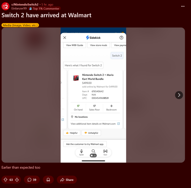 Níveis de estoque do Nintendo Switch 2 no Walmart (Fonte da imagem: subreddit do Nintendo Switch 2)