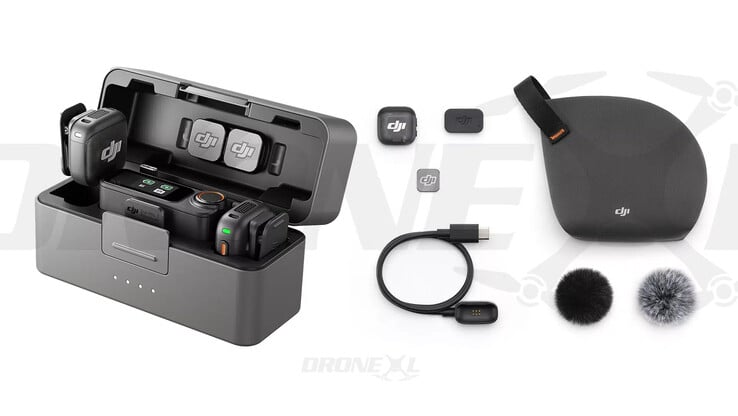 O Mic 3 com seu estojo de carregamento, transmissor e acessórios associados. (Fonte da imagem: via DroneXL &amp; Jasper Ellens)