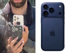 Comparação lado a lado mostrando uma suposta unidade de teste do iPhone 17 Pro sendo fotografada em público (esquerda) e um close-up do mesmo protótipo em um case de desenvolvimento azul (direita), apresentando um novo layout de câmera traseira. (@Skyfops on X , antigo Twitter)