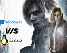 Arte de Resident Evil Requiem com gráfico de comparação entre Windows 11 e Linux.