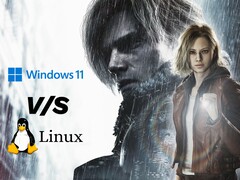 Arte de Resident Evil Requiem com gráfico de comparação entre Windows 11 e Linux.