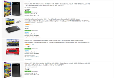 Além dos aplicativos de emulação, a Amazon permite a venda de discos rígidos pré-instalados com ROMs de jogos retrô e emuladores no site. (Imagem: captura de tela da Amazon.com)