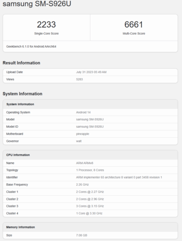 napdragon 8 Gen 3 para Galaxy no Samsung Galaxy S24 Plus com uma configuração 1+3+2+2. (Fonte: Geekbench)