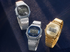 Os três relógios Casio que formam a nova série A140WE, caracterizados por suas novas caixas redondas. 