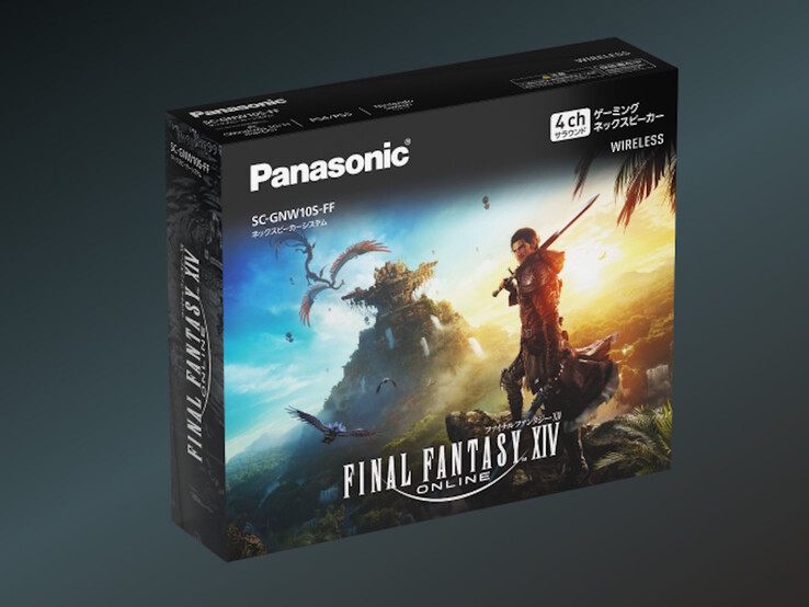 O alto-falante de pescoço Panasonic SC-GNW10S-FF vem em uma embalagem personalizada de Final Fantasy. (Fonte da imagem: Panasonic)