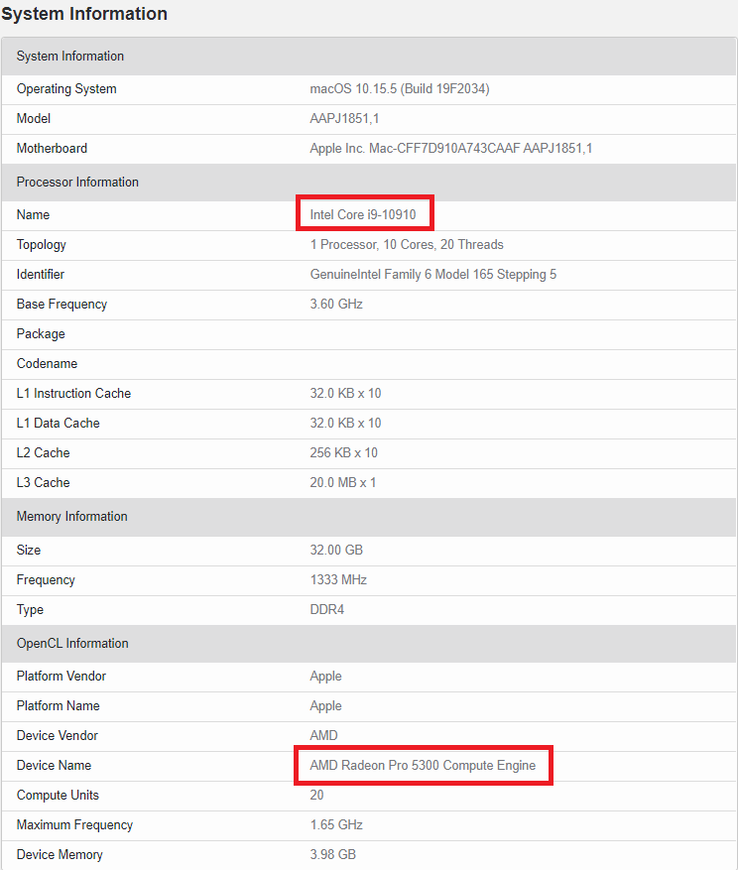 Intel Core i9-10910 e Radeon Pro 5300. (Fonte de imagem: Geekbench)