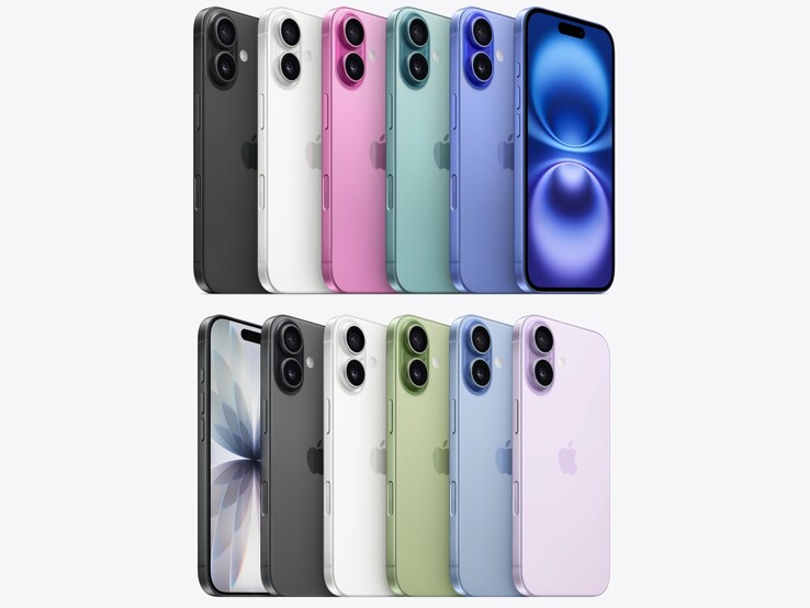 cores do iPhone 16 (em cima) e do iPhone 17 (embaixo). (Fonte da imagem: Apple, editado)