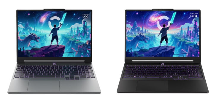 O LOQ Essential 15IPH11 nos acabamentos Eclipse Black e Luna Grey, da direita para a esquerda.
