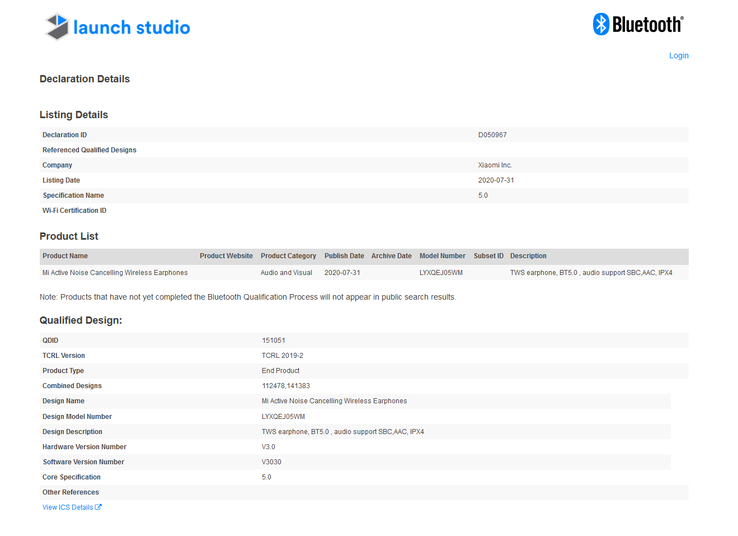 Os novos fones de ouvido Xiaomi são certificados com Bluetooth SIG. (Fonte: Bluetooth SIG)