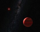 Uma ilustração mostrando um exoplaneta vermelho.