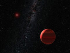 Uma ilustração mostrando um exoplaneta vermelho.
