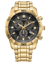 Cronógrafo Citizen Classic Eco-Drive com mostrador preto, caixa e pulseira em aço inoxidável dourado de 44 mm, luneta fixa de 60 minutos, três submostradores e janela de data.