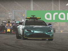 Após a atualização, o Aston Martin Vantage aparece como o carro de segurança oficial em F1 2021 (Imagem: Codemasters)