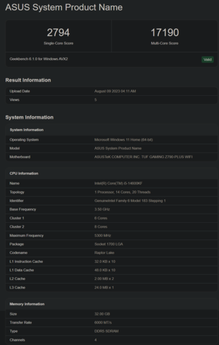 Pontuações do Intel Core i5-14600KF no Geekbench (imagem via Geekbench)